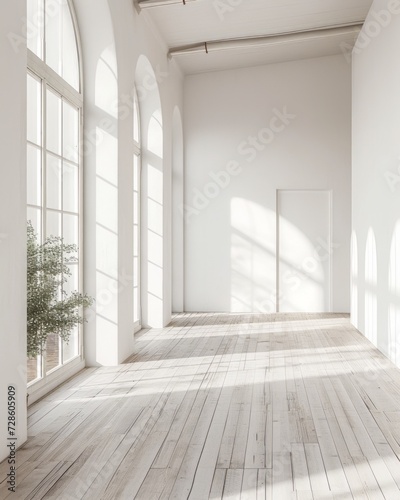 Empty White Room With Large Windows and Potted Plant