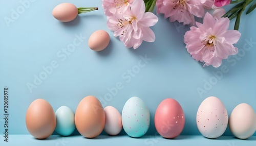 Colorful Easter eggs and blooming pink flowers on light blue background, copy space created with generative ai