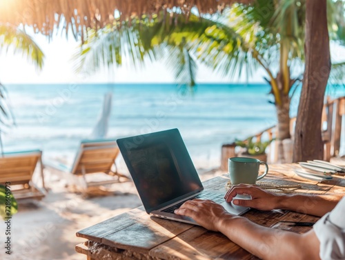 Close-up of a person's hands working on a laptop at a beachside cafe