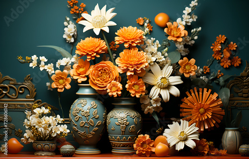 View of Beautiful flowers and vases of different colors to decorate the house on a table