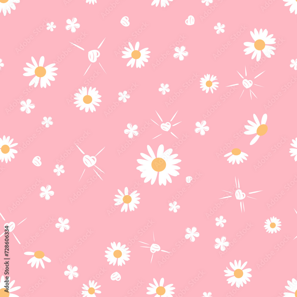 Seamless pattern with daisy flower and heart on pink background vector illustration. Seamless pattern with daisy flower and heart on pink background vector illustration.