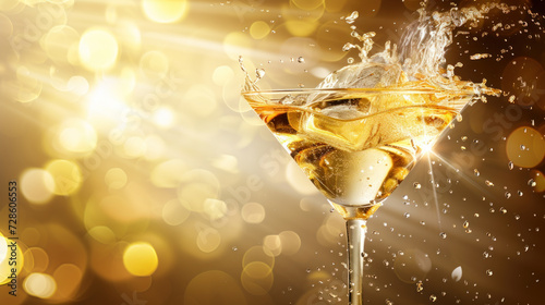 Cocktail in glass with splash, close-up, frozen motion effect, golden champagne colorful bokeh
