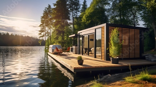 Modern shipping container house home, tiny house near lake in sunny day. Shipping container houses is sustainable, eco-friendly living accommodation or holiday home photo