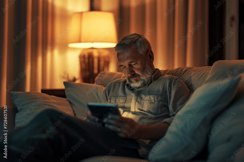 Man Sitting on Couch, Looking at Tablet