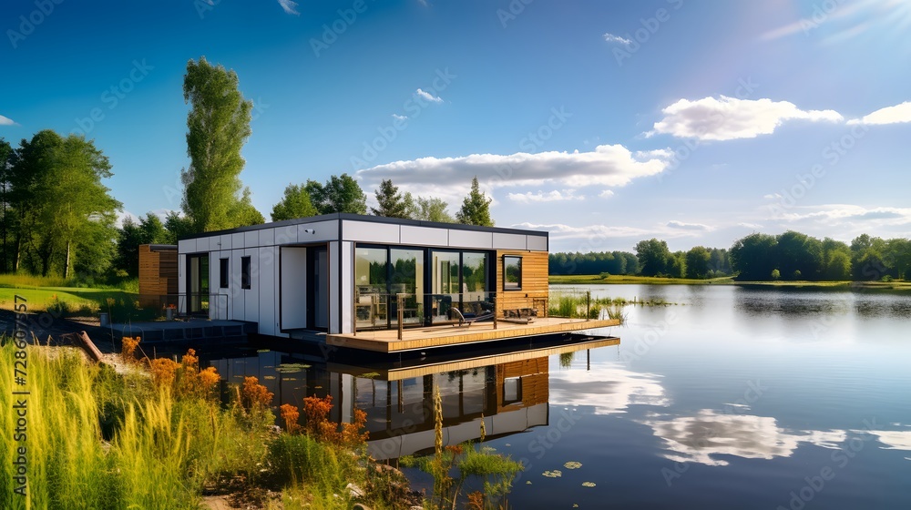 Modern shipping container house home, tiny house near lake in sunny day. Shipping container houses is sustainable, eco-friendly living accommodation or holiday home