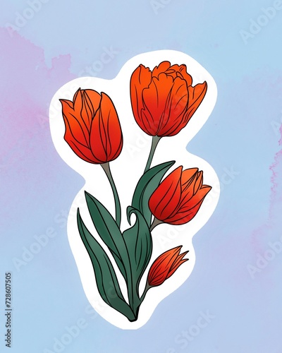 Illustration of watercolor hand drawn sticker of colorful red tulips bouquet....