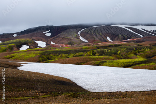 The picturesque Icelandic landscape of rainbow volcanic rhyolite mountains in the geothermal volcano area on Icelandic highlands at Landmannalaugar, Iceland. Laugavegur hiking trail.