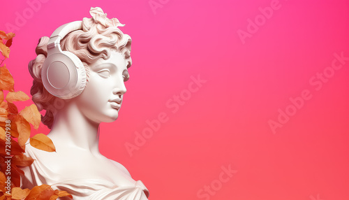 Plaster statue of woman listening to music in headphones on pink background