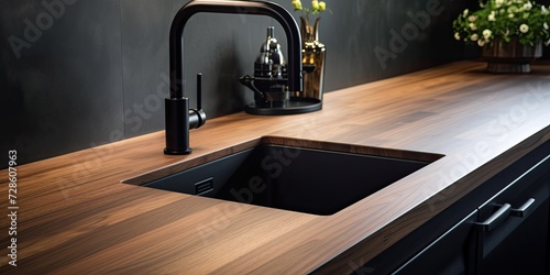 Close-up of decorated wooden kitchen countertop with black sink and faucet.