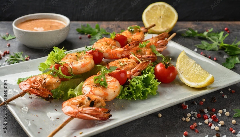 delicious roasted shrimps on skewers with sauce and lemon grilled prawn salad fresh healthy and gourmet