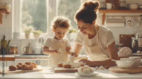 A Woman and a Child Are Preparing Food in the Kitchen