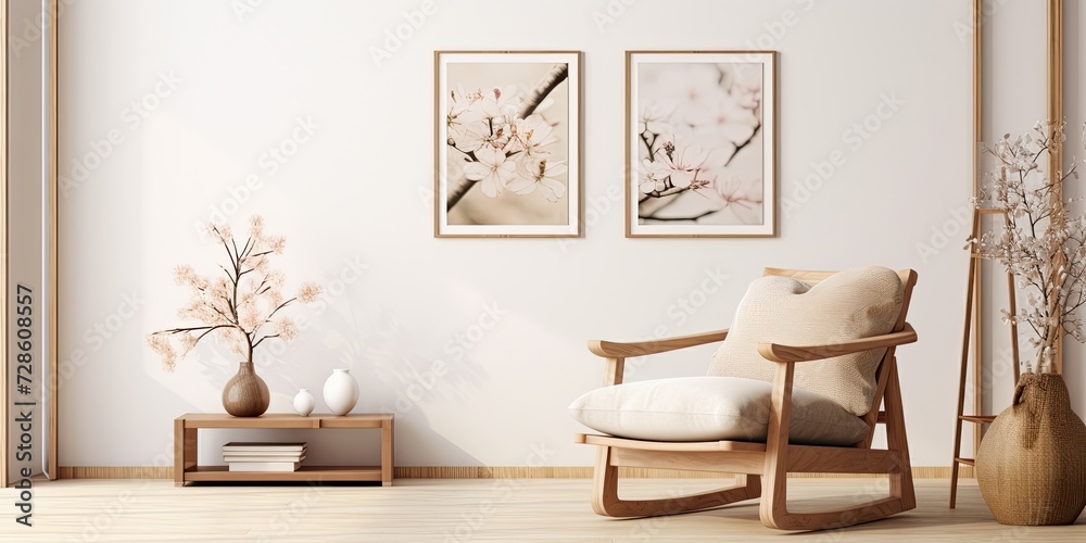 Fototapeta premium Contemporary design in fashionable living room with armchair, poster frames, carpet, decor, flowers, basket, and accessories.
