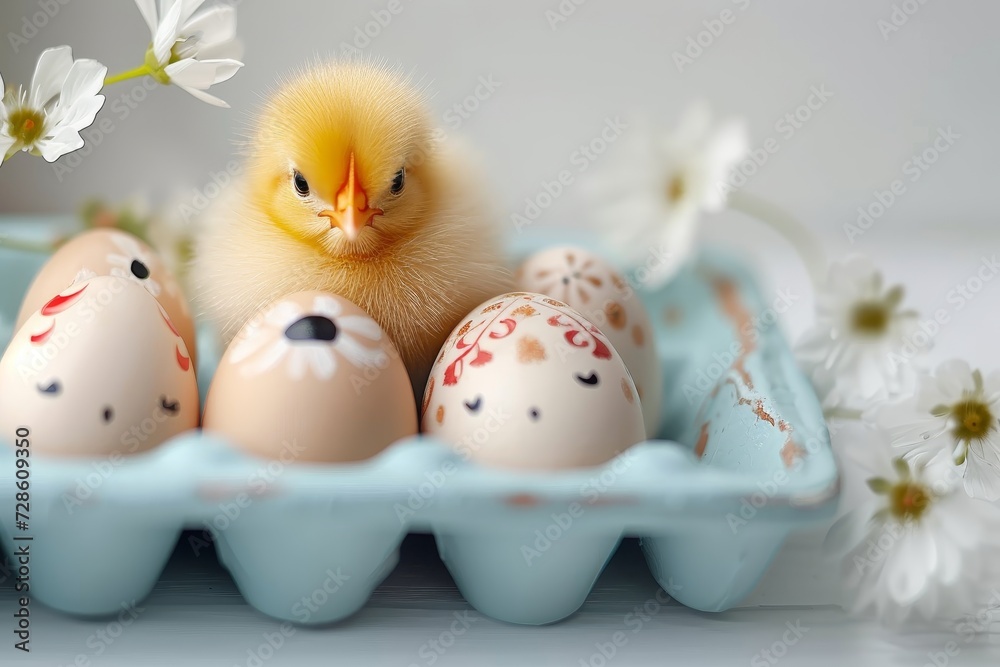 A fluffy baby chick emerges from a carton of easter eggs, surrounded by indoor flowers, as it discovers its identity as a gallinaceous bird