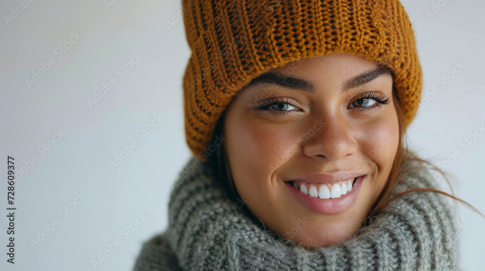 Smiling woman in a mustard beanie and grey knitted scarf, embodying a cozy and stylish winter look. Smiling woman in a mustard beanie and grey knitted scarf, embodying a cozy and stylish winter look.