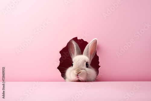 Easter bunny peeps out of the hole on pastel pink background photo