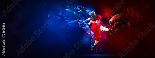 Banner. American football player kicks ball in action against gradient red-blue background with polygonal and fluid neon elements. Concept of professional sport, competition, championship, energy. Ad