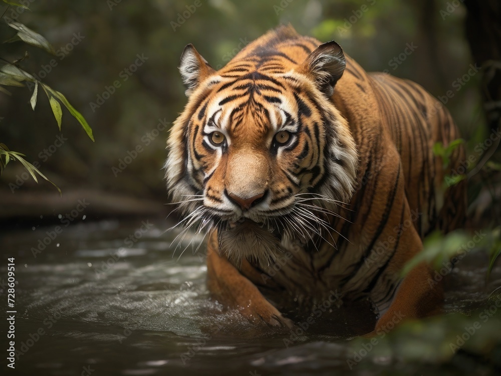 Fototapeta premium Immerse yourself in the wild beauty of nature with 'National Roar: The Majestic Tiger Chronicles.' Develop a compelling prompt that explores the untamed spirit and symbolic significance of the nationa