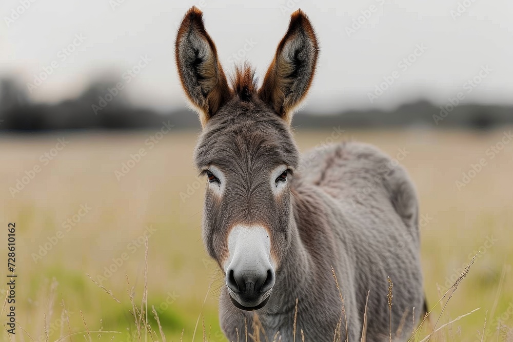 A curious donkey gazes upon the vast expanse of lush grass in the peaceful field, embodying the beauty and simplicity of a terrestrial mammal in its natural habitat