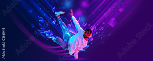 Banner. Breakdance dancer doing friezes and dance tricks against dark background with polygonal and fluid neon elements. Movement. Concept of professional sport, competition, energy and power. Ad