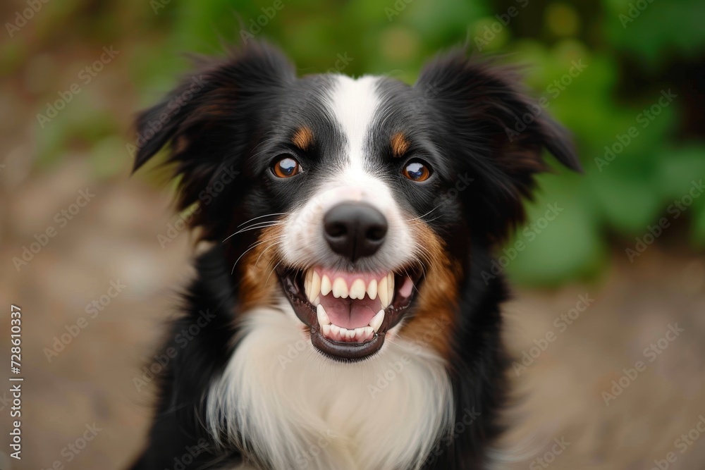 A fierce and loyal australian collie stands tall with its teeth bared, ready to protect its beloved owner in the great outdoors