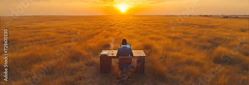 A man works out in an open midwestern field, he sits at a desk with a computer and a cup of coffee, it is sunrise, the man is dressed in business professional clothing photo