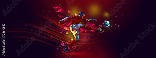 Flyer. Soccer player, man kicks ball in motion against dark red background with polygonal and fluid neon elements. Match. Concept of professional sport, competition, championship tournaments, power. © Lustre