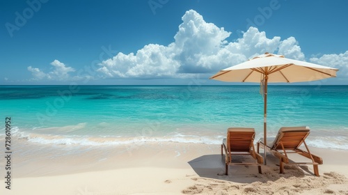 two lounge chairs are under an umbrella near the edge of the beach