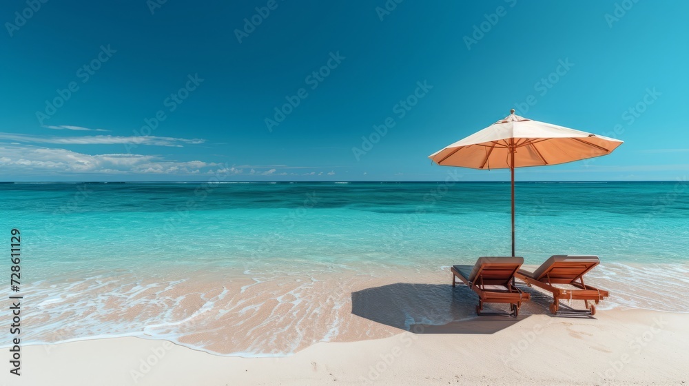 two lounge chairs are under an umbrella near the edge of the beach