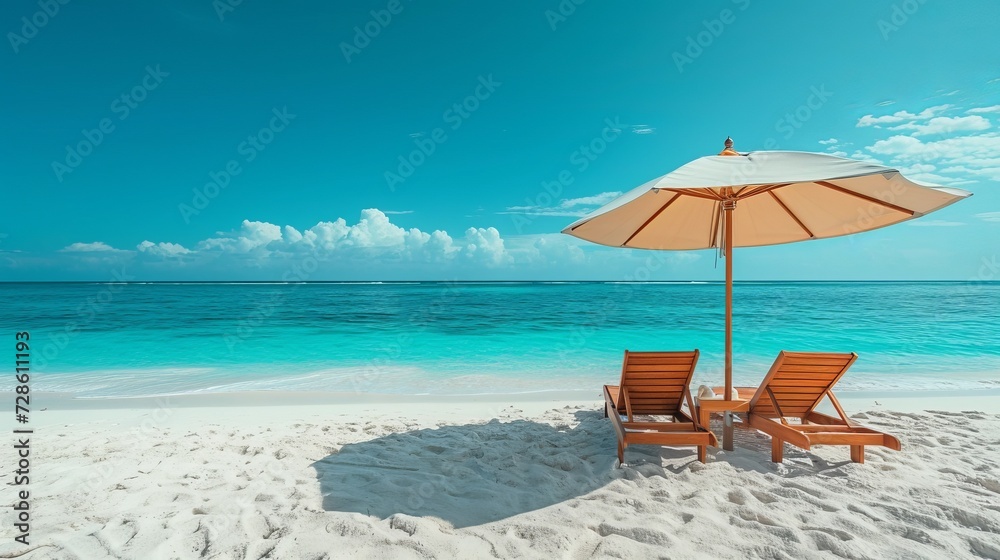 two lounge chairs are under an umbrella near the edge of the beach