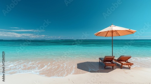 two lounge chairs are under an umbrella near the edge of the beach © korisbo