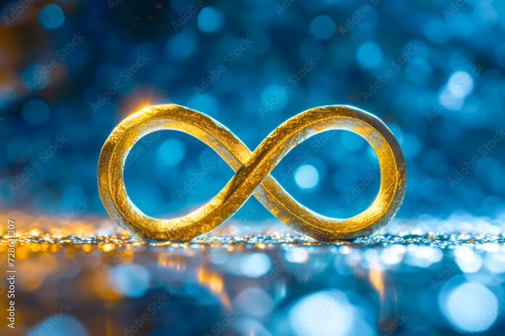 Infinity Movements Golden infinity symbol sign on glowing blue space background with bokeh ...