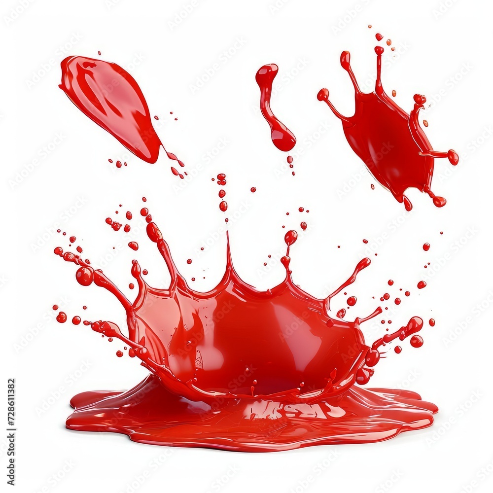 Set of red drops and splashes of ketchup or sauce isolated on white background. With clipping path. Full depth of field. Focus stacking. Generative AI Set of red drops and splashes of ketchup or sauce isolated on white background. With clipping path. Full depth of field. Focus stacking. Generative AI