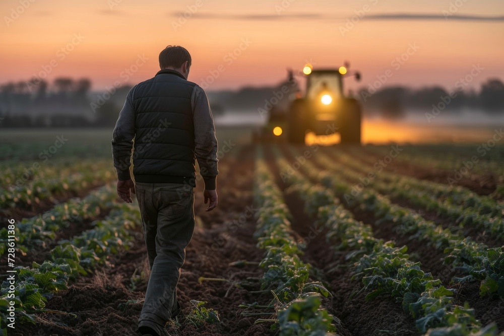 Fototapeta premium Amidst the golden hues of sunrise, a farmworker stands tall in a vast field of crops, surrounded by the sound of the tractor and the scent of freshly cut grass, embodying the tireless spirit of agric