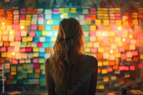 Woman Contemplating Ideas on a Colorful Sticky Note Wall. A woman with a casual updo hairstyle stands pensively in front of a vibrant wall filled with sticky notes, immersed in project planning and o
