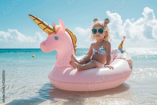 A carefree girl enjoys a sunny beach vacation, lounging on a pink inflatable lilo while donning stylish sunglasses, surrounded by a picturesque sky and fluffy clouds