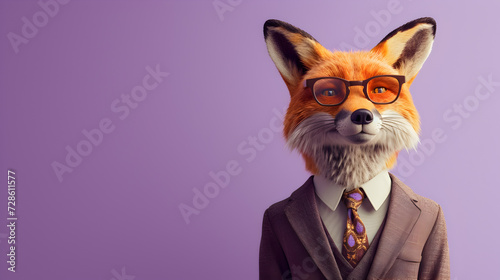 Stylish Fox in a Suit and Tie on Purple Background