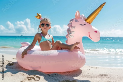 A carefree girl lounges on a lilo in the sand, soaking up the summer sun with her sunglasses on, surrounded by the serene sky and inviting beach