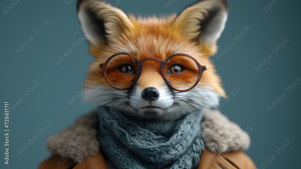 Obraz premium Eyecatching Fox with Glasses and Scarf Portrait