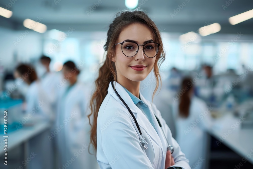 Fototapeta premium Beautiful young woman scientist wearing white coat and glasses in modern Medical Science Laboratory with Team of Specialists on background, Generative AI