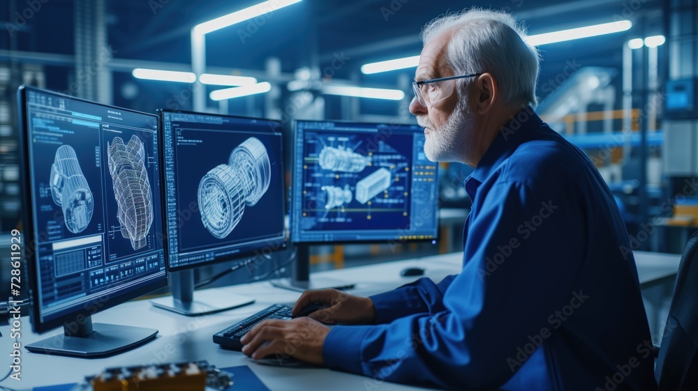 elderly engineer works intently on a computer with a CAD program, showing detailed mechanical parts on the screen.