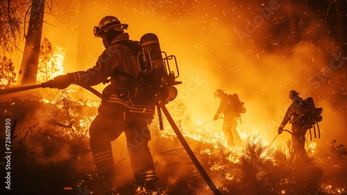 firefighters in protective gear fight a large forest fire at night, surrounded by intense flames and sparks. © ProstoSvet