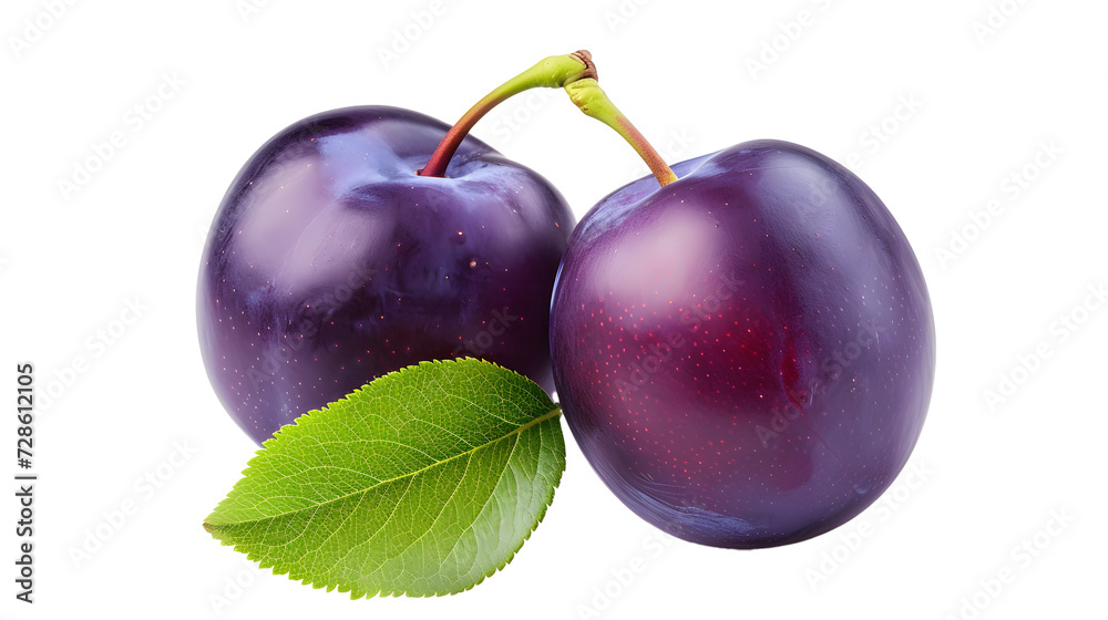 Pair of purple Plums with leaf isolated on white background 
