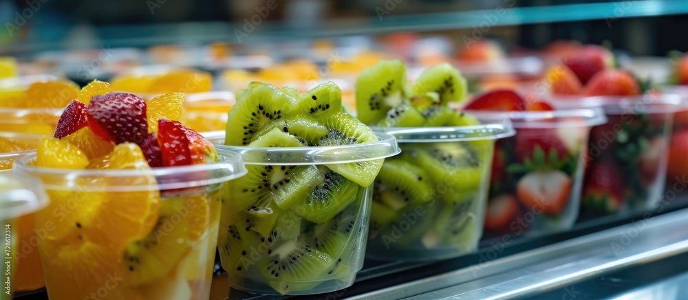 Assorted fruit cups on market counter: kiwi, orange, strawberry, banana. Refreshing summer treats.