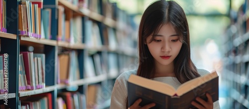 Asian woman reading book in university library. Young woman studying with open book. University women studying at library bookstore. Education and knowledge acquisition.
