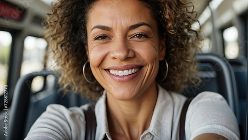Close-up selfie of a smiling middle-aged mixed-race woman with curly hair, wearing hoop earrings and a casual light shirt, seated in a bus with a blurred background.