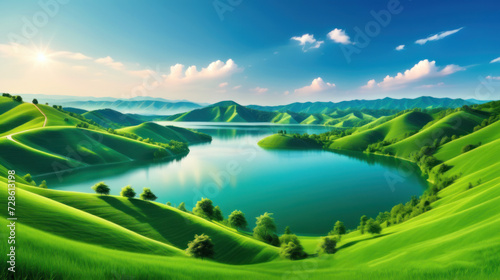 Harmony in Nature: Breathtaking Idyllic Landscape with Rolling Hills and Tranquil Lake photo