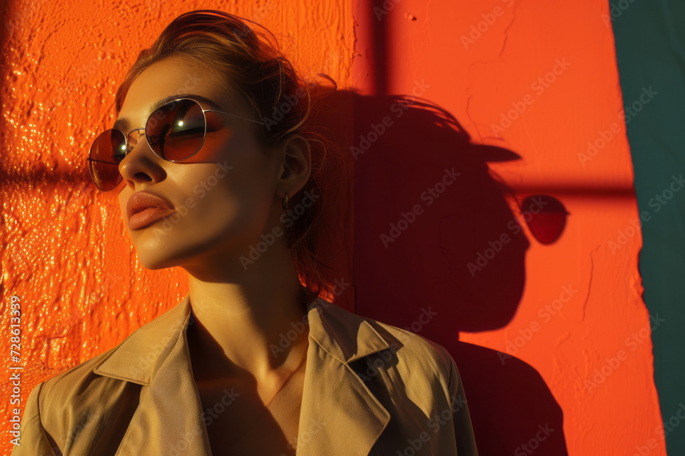 Close-up portrait of charming Caucasian young woman in stylish sunglasses leaning against red painted wall. Attractive brown-haired girl wearing raincoat outdoors. Beauty, fashion and diversity. Close-up portrait of charming Caucasian young woman in stylish sunglasses leaning against red painted wall. Attractive brown-haired girl wearing raincoat outdoors. Beauty, fashion and diversity.