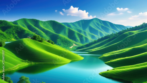Harmony in Nature: Breathtaking Idyllic Landscape with Rolling Hills and Tranquil Lake photo
