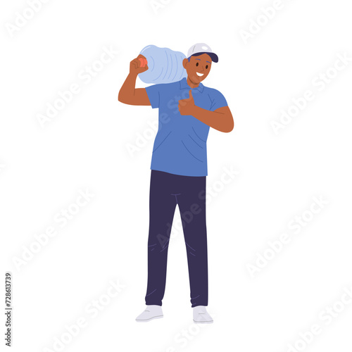 Courier man cartoon character in uniform delivering water bottle carrying gallon on shoulders