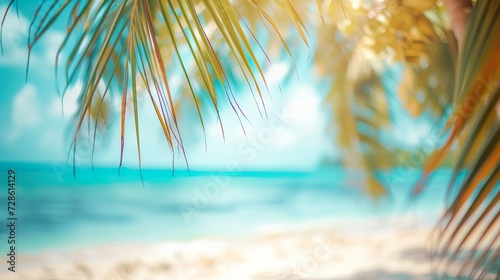 Blurred serene beach scene background. Gentle waves, sands, and palm trees under a clear sky. Calm and natural beauty.
